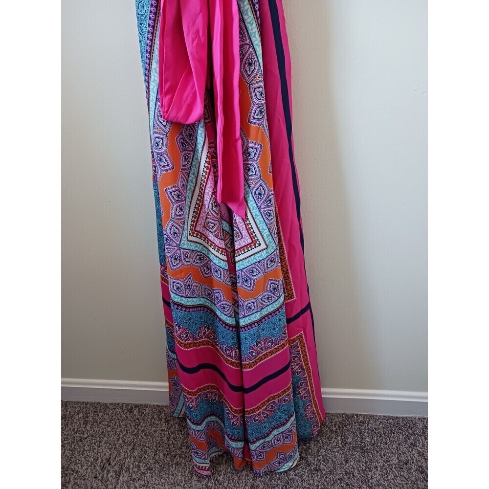 Eliza J Maxi Dress Women's 8 Black Pink Scarf Print Tie Waist Boho - Picture 4 of 8